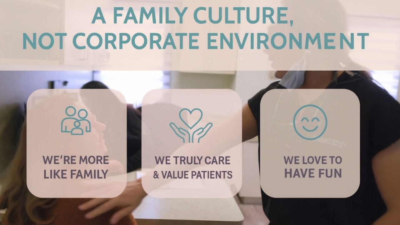 A family culture, not corporate environment, emphasizing patient care and connection at The Village Dental in Pinecrest, Florida, showcasing compassionate dental staff engaging with a patient.