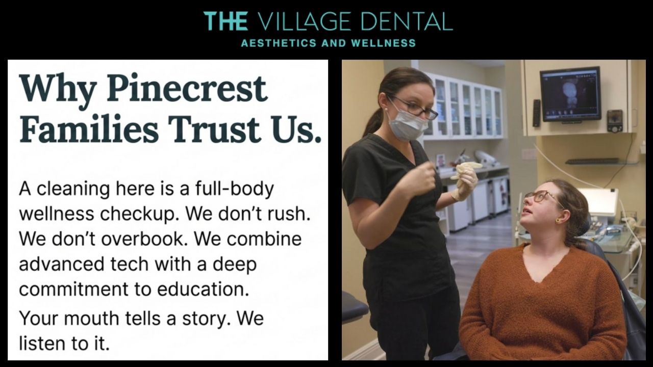 Dental hygienist explaining preventative care to patient in The Village Dental clinic, emphasizing full-body wellness checkups and advanced technology in Pinecrest, FL.