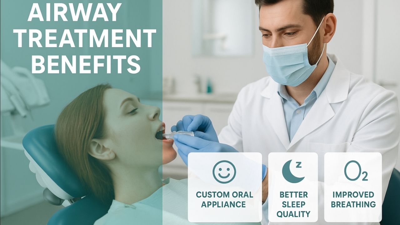Airway treatment benefits at The Village Dental in Pinecrest, FL, featuring a dentist fitting a patient with a custom oral appliance to improve sleep quality and breathing.