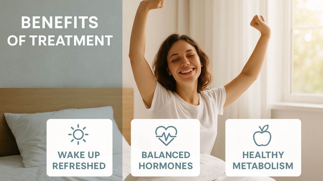 Benefits of treatment for sleep apnea, featuring a smiling woman waking up refreshed in a bright bedroom, highlighting wellness aspects like balanced hormones and healthy metabolism, relevant to The Village Dental's focus on improving patient health through dental care in Pinecrest, FL.