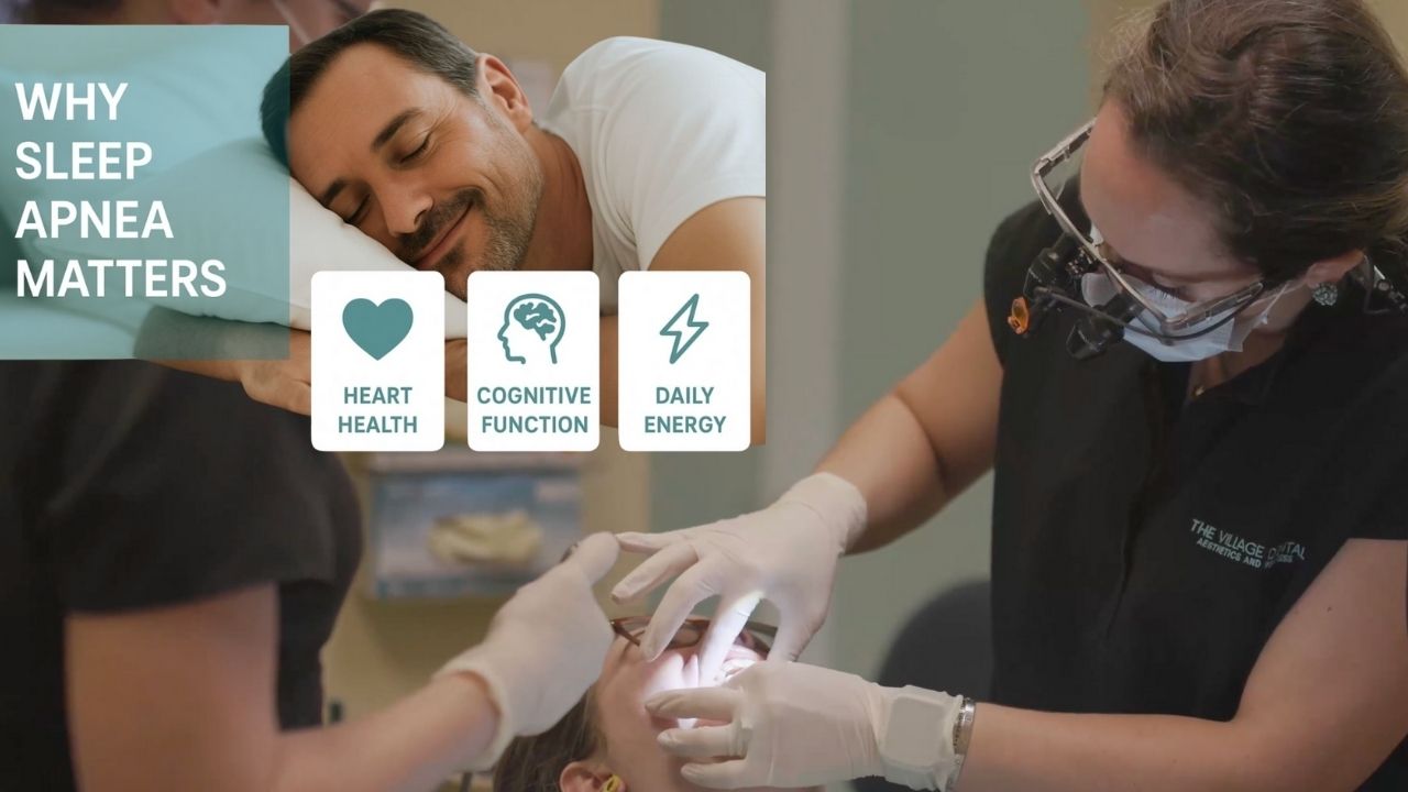 Man receiving dental care for sleep apnea at The Village Dental, highlighting the importance of airway health with text on heart health, cognitive function, and daily energy.