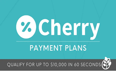Cherry Financing Payment Plans at The Village Dental Cherry Financing payment plans for dental care at The Village Dental, featuring a logo with a percentage symbol and text indicating quick qualification for up to $10,000 in 60 seconds.