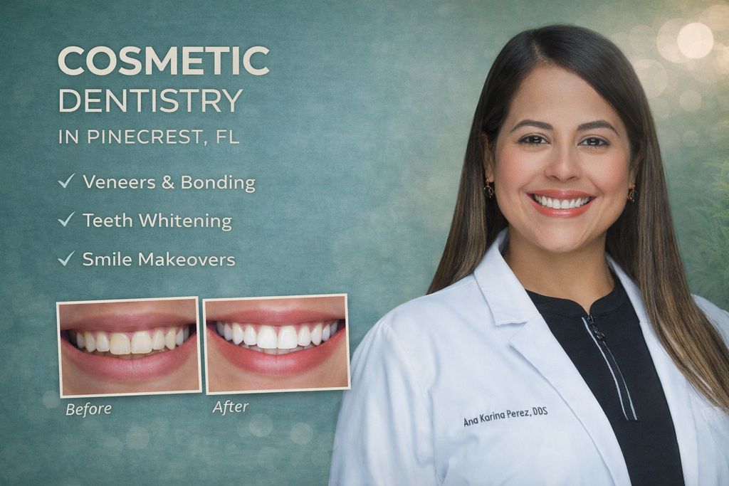Cosmetic dentistry in Pinecrest, FL featuring Dr. Ana Karina Perez, DDS, showcasing before and after results of teeth whitening, veneers, and smile makeovers for a confident, healthy smile.