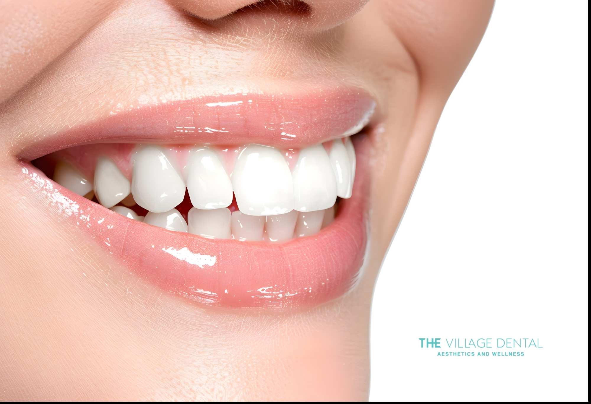 Close-up of a smiling woman showcasing bright, white teeth, representing dental implant success at The Village Dental in Pinecrest, FL, emphasizing cosmetic dentistry and oral health restoration.