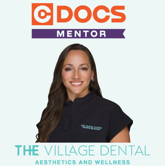 Dr. Alexandra Castillo, lead dentist at The Village Dental in Pinecrest, FL, showcasing her expertise in aesthetics and wellness, with "DOCS Mentor" branding.