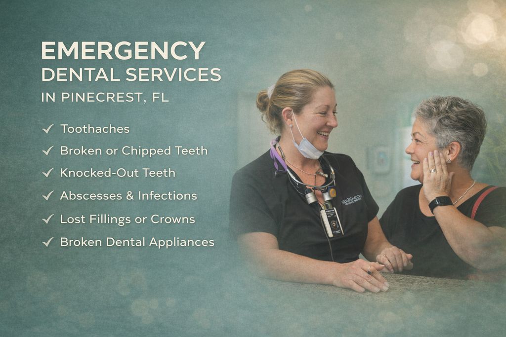 Emergency dental services in Pinecrest, FL; two dental professionals discussing care; services include toothaches, broken teeth, and infections; The Village Dental Miami emphasizes compassionate and expert emergency care.