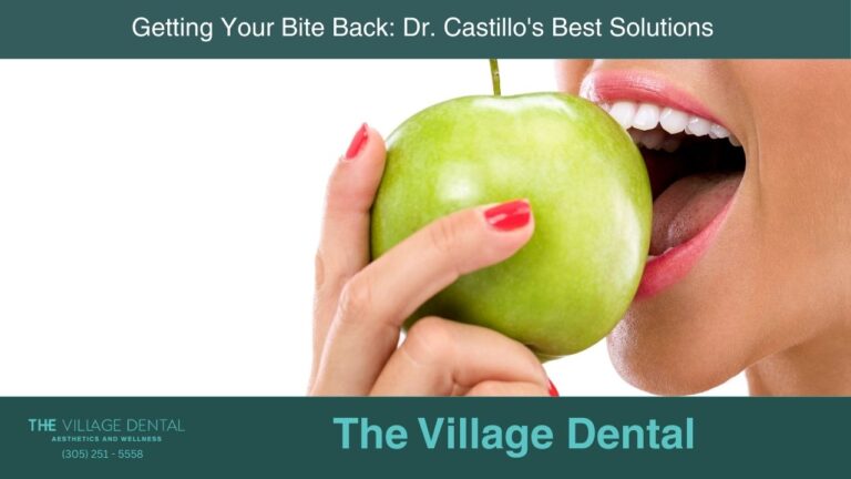 Woman smiling while biting a green apple, showcasing dental health; promotes The Village Dental's restorative and cosmetic dentistry services in Miami.