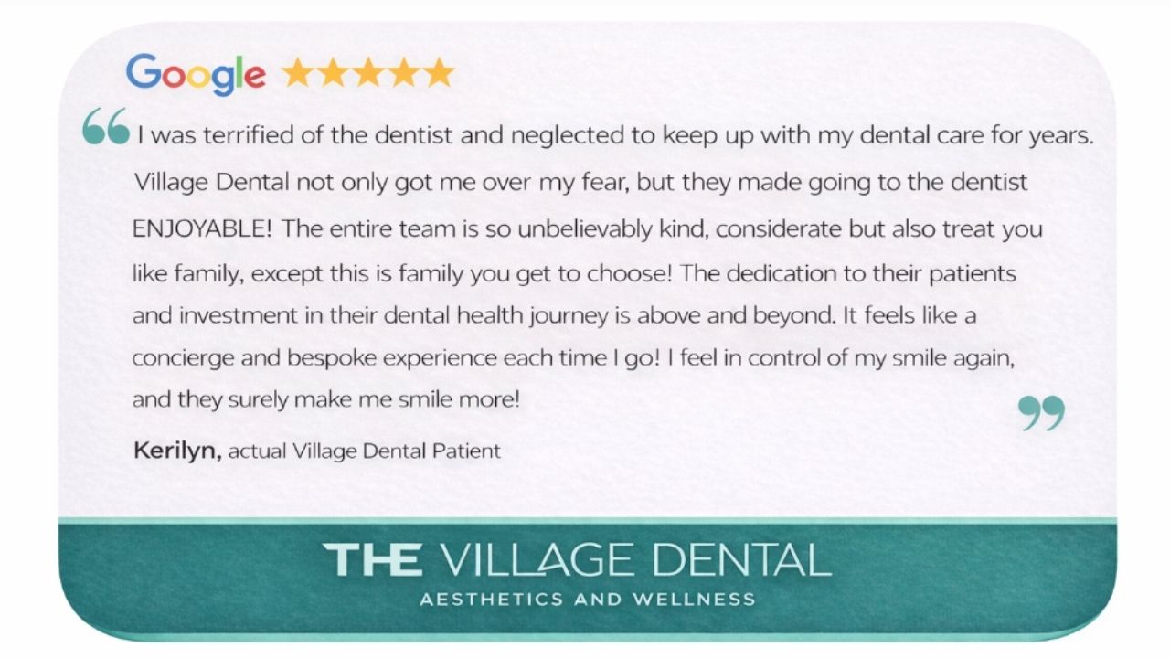 Kerilyn's Google review highlighting her positive experience at The Village Dental, emphasizing kindness, personalized care, and restored confidence through dental services in Miami.