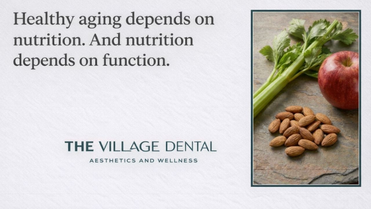 Healthy aging and nutrition with fresh celery, an apple, and almonds, representing The Village Dental's focus on wellness and dental function.