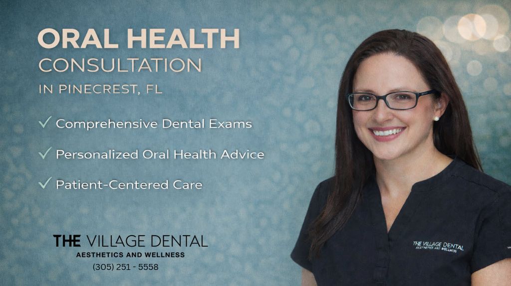Oral health consultation at The Village Dental in Pinecrest, FL, featuring a smiling dental professional, highlighting comprehensive dental exams, personalized oral health advice, and patient-centered care.