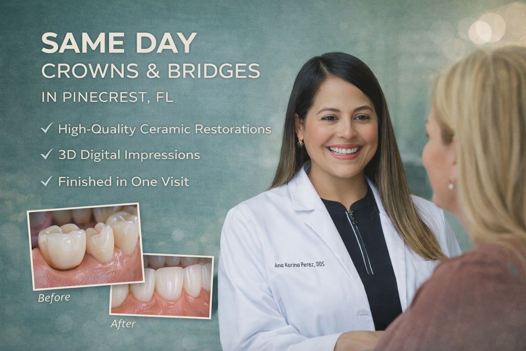 Same-day crowns and bridges in Pinecrest, FL, featuring high-quality ceramic restorations, 3D digital impressions, and a smiling dentist consulting with a patient.