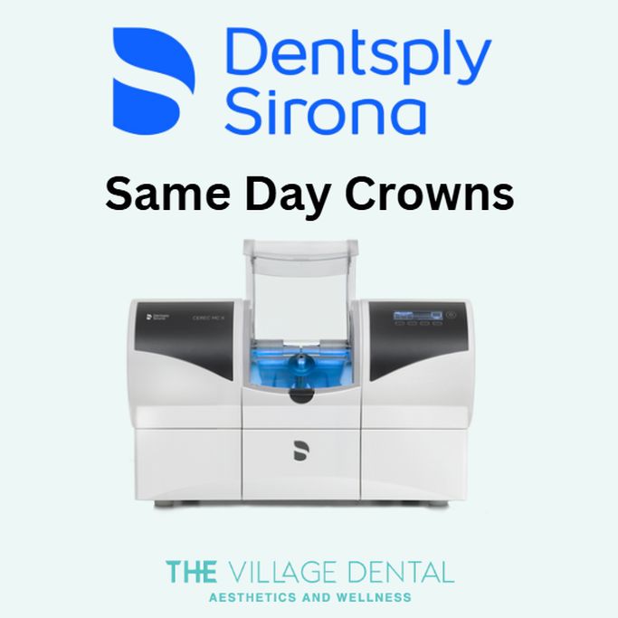 Dentsply Sirona same-day crown technology at The Village Dental, Pinecrest, FL, showcasing advanced dental equipment for efficient restorative care.