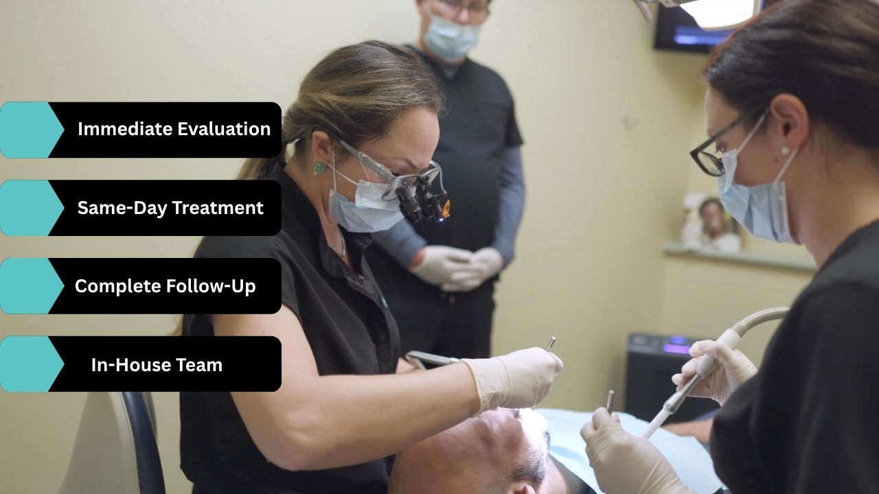 Dental professionals providing same-day emergency care at The Village Dental in Pinecrest, featuring immediate evaluation, same-day treatment, and complete follow-up services.