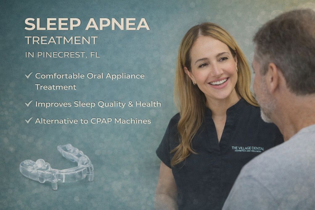 Sleep apnea treatment at The Village Dental in Pinecrest, FL; featuring a dentist discussing comfortable oral appliance options with a patient, highlighting improvements in sleep quality and health.