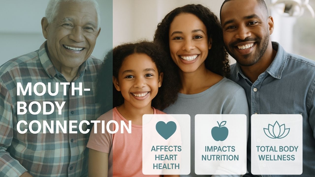 Family of three smiling together, emphasizing the mouth-body connection; text highlights effects on heart health, nutrition impact, and total body wellness, promoting comprehensive dental care at The Village Dental in Pinecrest, FL.
