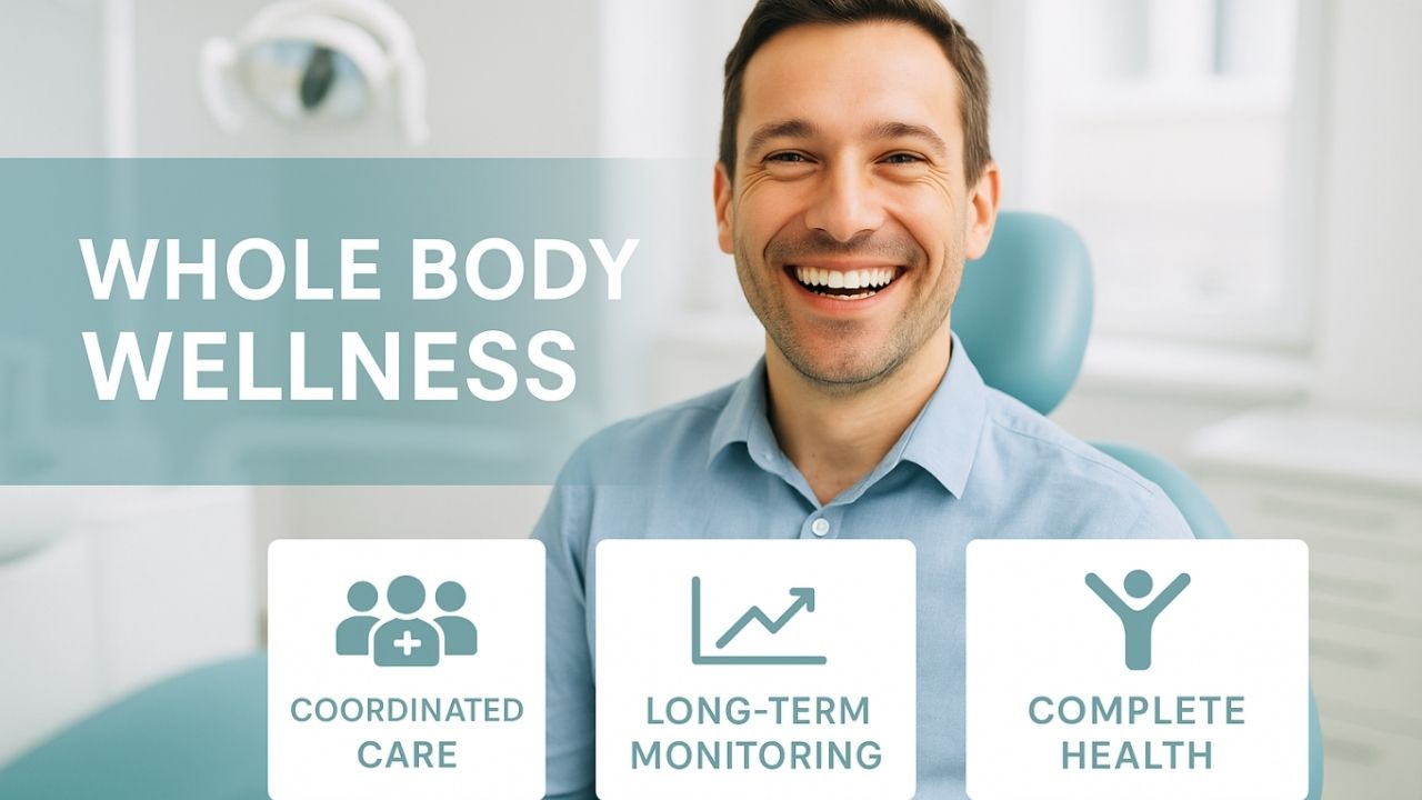 Smiling man in dental chair emphasizing whole body wellness, coordinated care, long-term monitoring, and complete health at The Village Dental, serving Pinecrest, FL.
