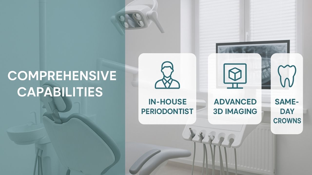 Dental treatment room showcasing comprehensive capabilities at The Village Dental, featuring in-house periodontist, advanced 3D imaging technology, and same-day crown services for emergency dental care in Pinecrest, FL.
