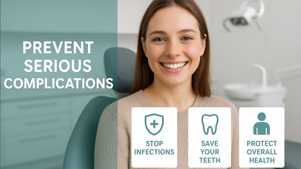 Smiling woman in dental office promoting same-day emergency dental care, emphasizing prevention of serious complications, stopping infections, saving teeth, and protecting overall health.